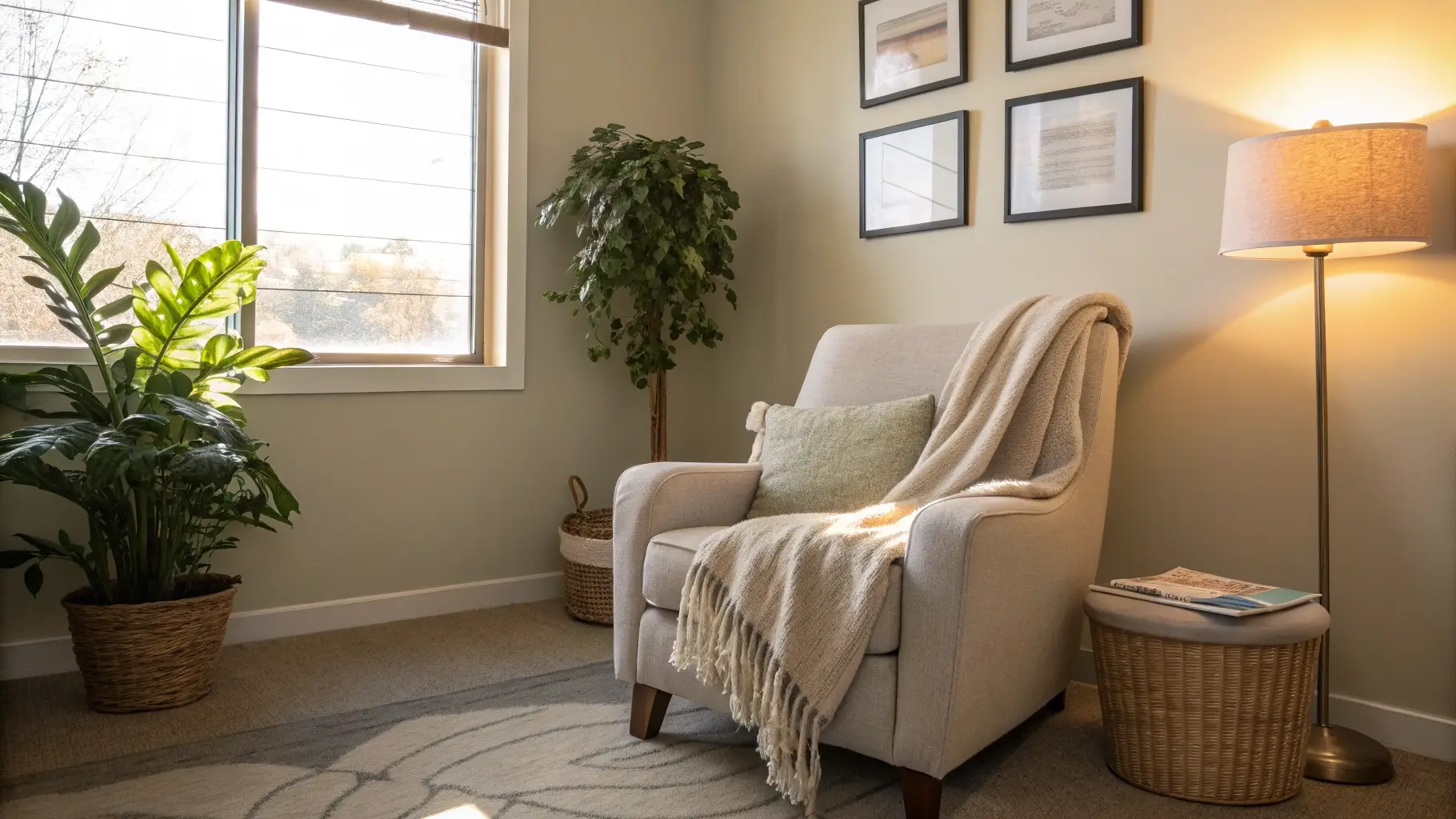 A peaceful, sunlit therapy room with a comfortable chair and a green plant, no people visible.