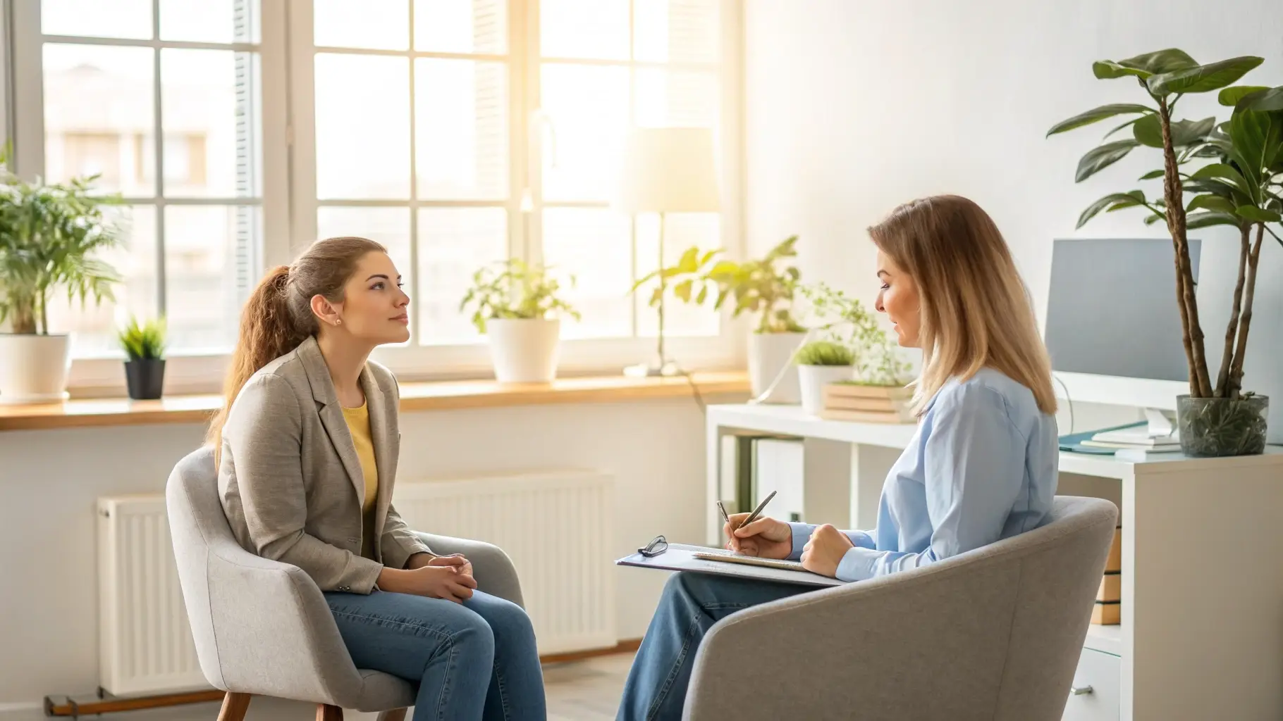Peaceful counseling session in a warm, compassionate therapeutic environment