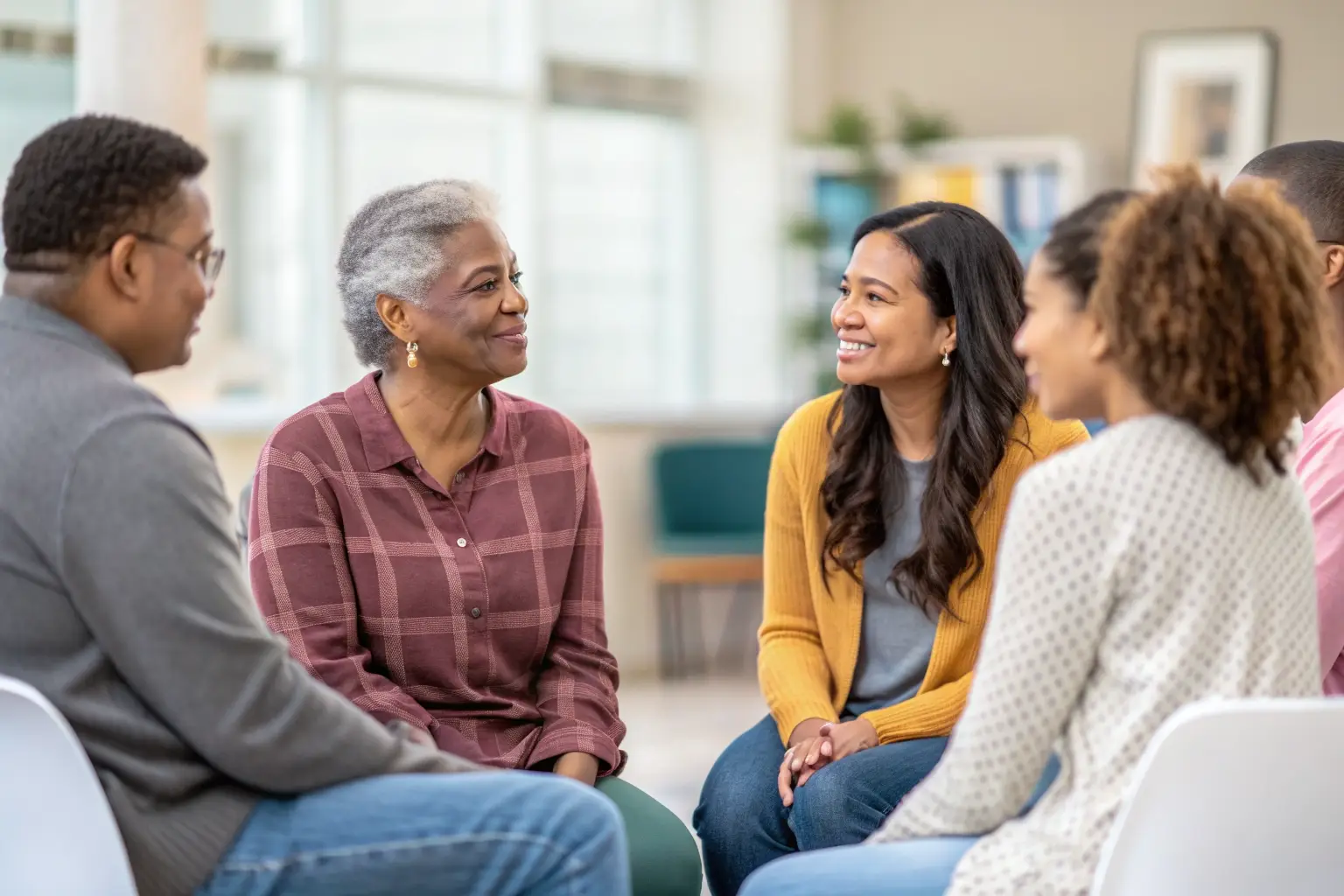 Supportive therapy group session holding hands in unity